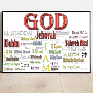 Names of God [Color-W] - Christian Art, Wall, Names, Jehovah, Yahweh, Jesus, Holy, Spirit, Shalom, Abba, I, Am, Nissi, Above, Bethel, Theos