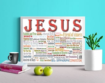 Jesus Name Above All Names [Color-W] - Names, Christian Art, Wall, Shaddai, Yahweh, Trinity, Abba, Messiah, Nissi,  Savior, Cornerstone