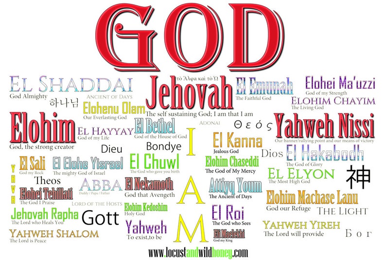 Names of God Color-WC Christian Art, Jehovah, Shaddai, Yahweh, Jesus, Holy, Spirit, Shalom, Wall, I, Am, Nissi, Above, Bethel, Theos image 1