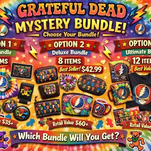 May include: A promotional image for Grateful Dead Mystery Bundles, featuring various items with the band's logo and imagery. The image showcases three bundle options: Mini (5 items), Deluxe (8 items), and Ultimate (12 items), each with a different selection of merchandise.