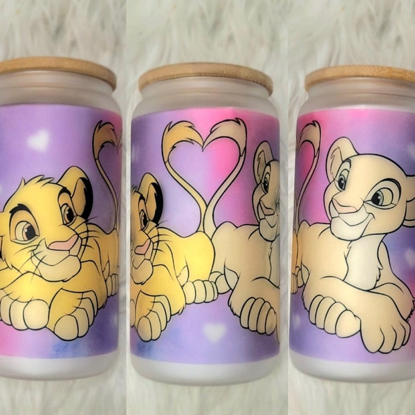 Simba and Nala valentine Glass Can| Coffee Glass Can | Valentine | Disney Frosted Glass | 16 oz | Be My Valentine | Lion King