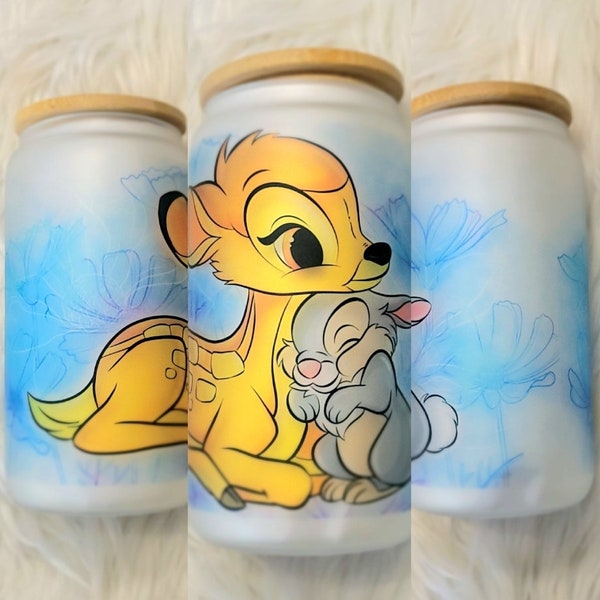 Bambi and Thumper Glass Can| Coffee Glass Can | Bambi Movie | Disney Frosted Glass | 16 oz |
