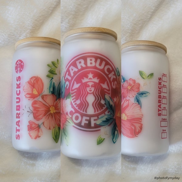 Floral Starbucks Glass Can| Coffee Glass Can | Beer Can | Starbucks | Frosted Glass | 16 oz | Red Flowers