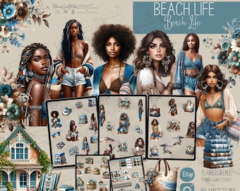 Beach Life Journaling Stickers: Pre-Cropped PNG, Goodnotes File (Digital Download)