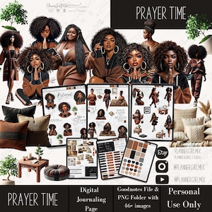 May include: Digital planner stickers featuring illustrations of women praying in various poses. The stickers are in shades of brown and black and include text like "Blessed", "She is Strong", "Won't it?", "Faith Year", "Your Faith Healed You", and "Prayer Time".