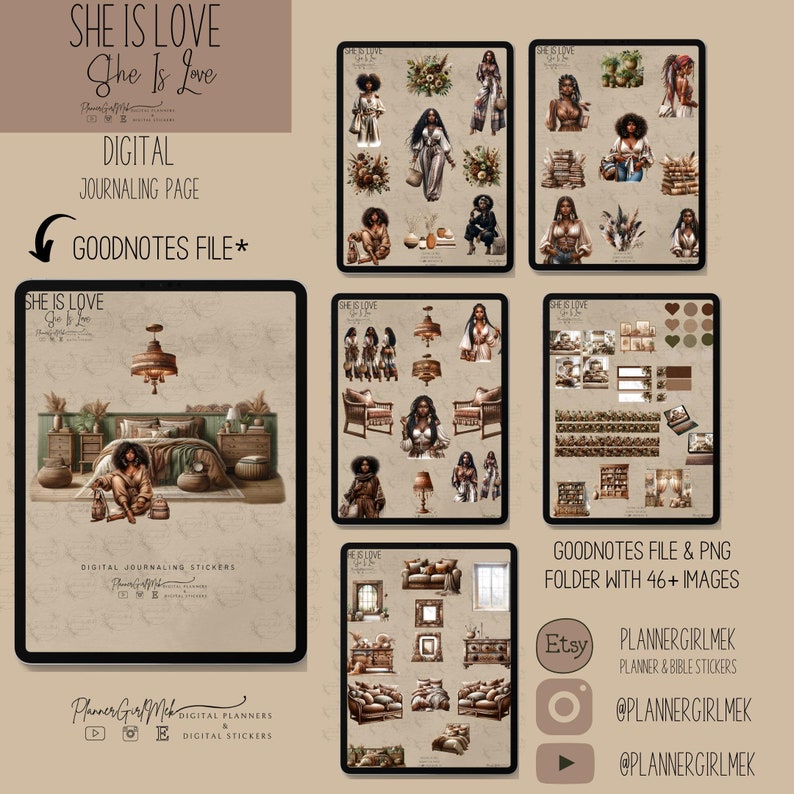 She Is LOVE Journaling Pages Digital Journaling Stickers Pre-Cropped png Stickers Goodnotes File Individual PNG Images image 3