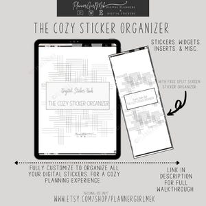 Może przedstawiać: Strona planera cyfrowego z siatką do organizowania naklejek cyfrowych. Strona nosi tytuł "The Cozy Sticker Organizer" i zawiera tekst "Digital Sticker Book".