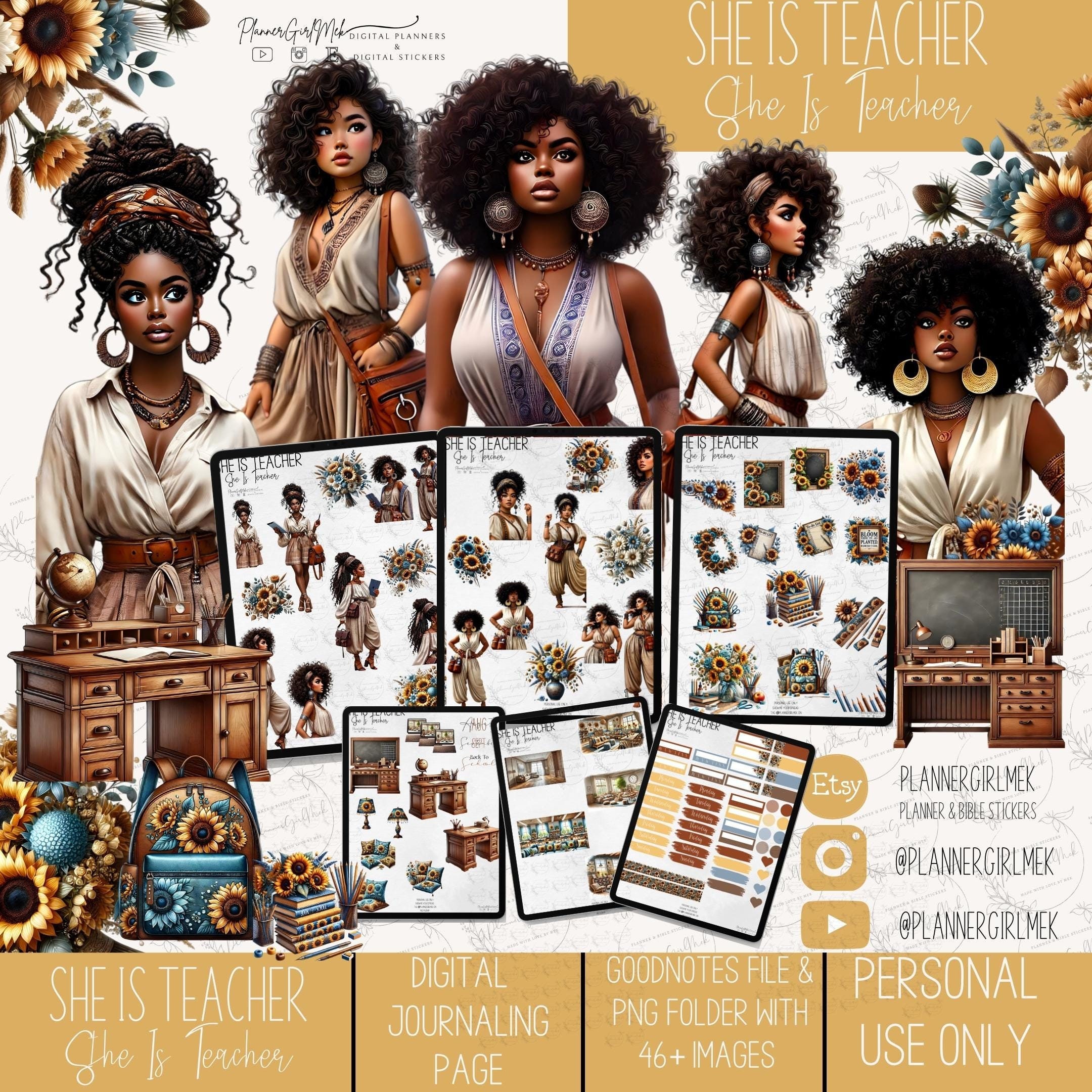 She Is Teacher Digital Stickers: Journaling Pages, Goodnotes File (PNG)
