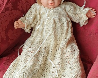 Crochet Baby Christening Gown, Bonnet and Bootees and 100% Mulberry Silk, Vintage Style, Antique look, 100 per cent Silk Christening Gown.