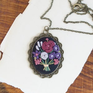 Wildflower Necklace with Embroidered flowers, Victorian Cameo Necklace, 2nd Anniversary Gift for Her