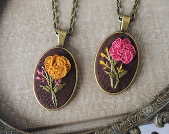 Rose Necklace, Birthflower Necklace for June Birthday, Birthflower Gift, Pink Rose Jewelry, Hand Embroidered Necklace