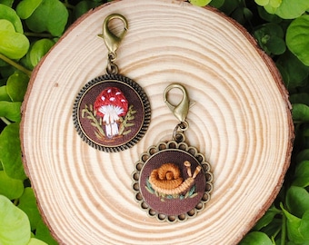 Hand Embroidered Snail Journal Charm, Embroidered Mushroom Planner Charm for Journaling, Clip Style Cottage Core Journal Accessory