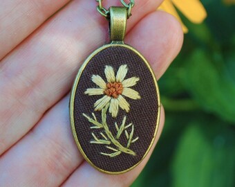 Hand Embroidered Yellow Daisy Necklace, Cottage Core Handmade Mini Botanical Necklace on Brown Cotton with Antique Bronze Chain,
