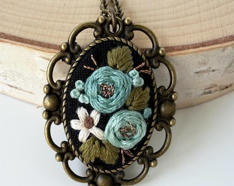 Vintage Teal Blue Floral Necklace, Antique Bronze Rose Necklace with Hand Embroidered Aqua Flowers