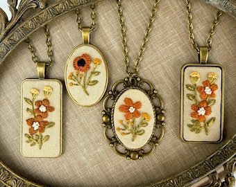 Embroidered Fall Floral Necklaces,  Autumn Necklace with Orange Flowers, Embroidered Botanical Necklace, Bookish Jewelry, Cottagecore