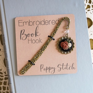 Peach Floral Metal Bookmark Hook with Embroidered Book Charm, Aesthetic Bookmark