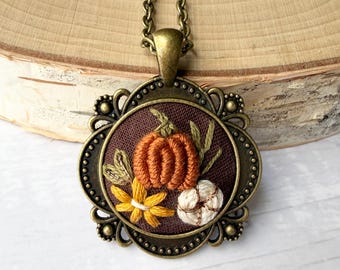 Hand Embroidered Pumpkin Necklace, Antique Bronze Cottagecore Fall Pendant Jewelry, Miniature Fiber Art, Cute Autumn Aesthetic Gift for Her