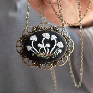Mushroom Necklace, Botanical Necklace with White Mushrooms, Mushroom Jewelry, Black Embroidered Necklace, Mushroom Art