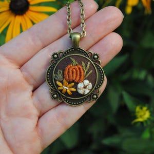 Hand Embroidered Pumpkin Necklace, Antique Bronze Cottagecore Fall Pendant Jewelry, Miniature Fiber Art, Cute Autumn Aesthetic Gift for Her image 6