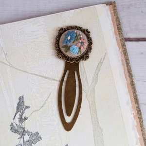 Embroidered Bookmark with Blue and Pink Flowers, Book Lovers Gifts