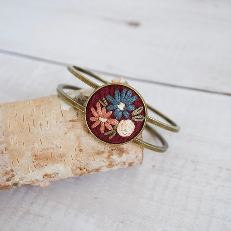 Vintage Inspired Bracelet Burgundy Embroidered Cuff Bracelet Boho Bangle