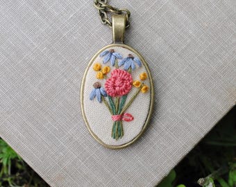 Hand Embroidered Colorful Bouquet Necklace, Cottagecore Necklace, Vintage Bronze Necklace with Colorful Flowers, Unique Gift for Her