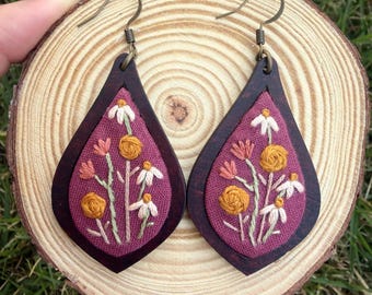 Hand Embroidered Floral Wood Earrings, Handmade Teardrop Bohemian earrings, Chunky Cottagecore Earrings