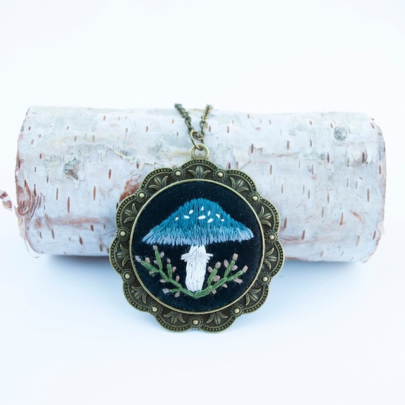 Blue Mushroom Necklace, Embroidered Necklace with Blue Mushroom, Mushroom Jewelry, Wanderlust Jewelry