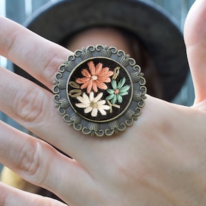 Embroidered Cocktail Ring, Chunky Ring with Hand Embroidered Teal and Pink Flowers