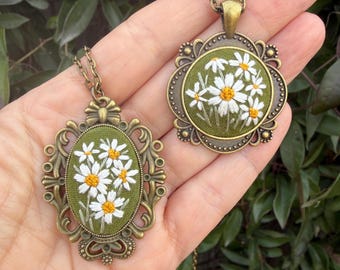 Olive Green Daisy Necklace with Hand Embroidery, Galentines Gift,  Cotton Anniversary Jewelry for Her