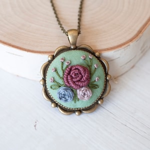 Embroidered Victorian Cameo Necklace, 2nd Anniversary Gift for Her, Botanical Necklace