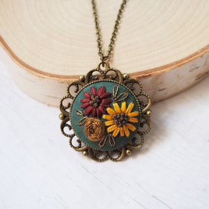 Embroidered Sunflower Necklace, Fall Necklace, Embroidered Wildflower Necklace, Autumn Necklace