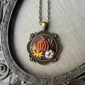 Hand Embroidered Pumpkin Necklace, Antique Bronze Cottagecore Fall Pendant Jewelry, Miniature Fiber Art, Cute Autumn Aesthetic Gift for Her image 3
