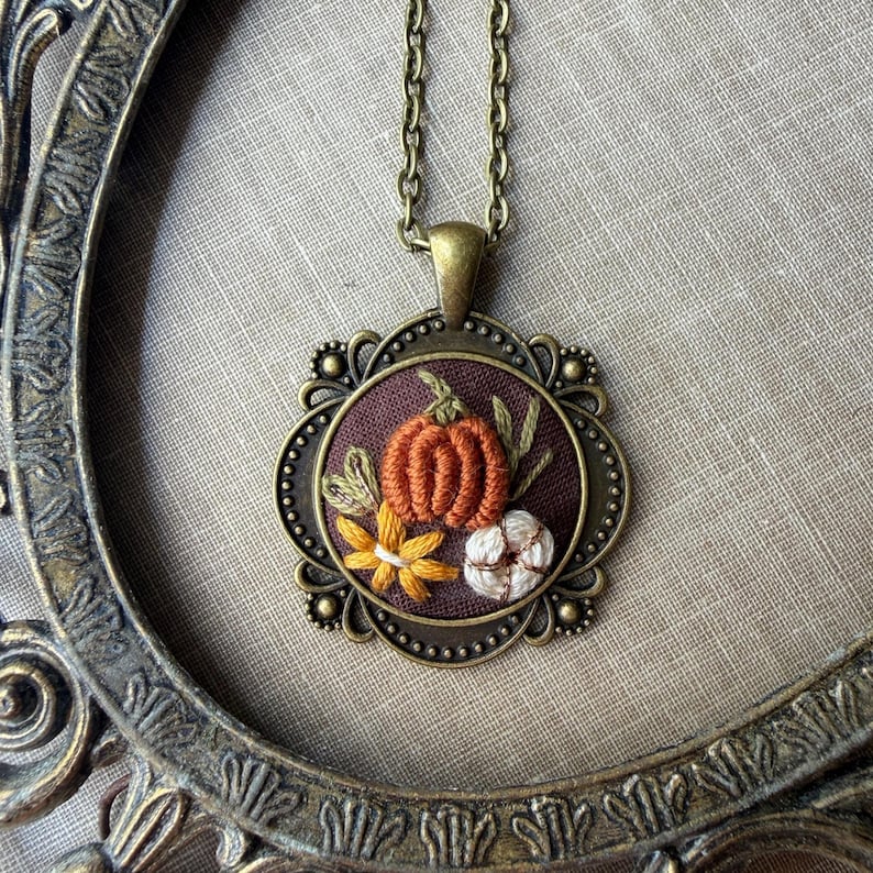 Hand Embroidered Pumpkin Necklace, Antique Bronze Cottagecore Fall Pendant Jewelry, Miniature Fiber Art, Cute Autumn Aesthetic Gift for Her image 3