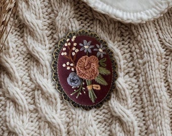Hand Embroidered Brooch, Dark Academia Jewelry, Handmade Antique Bronze Pin, Floral Brooch, Bag Pin, Lapel Pin for Cottagecore Aesthetic