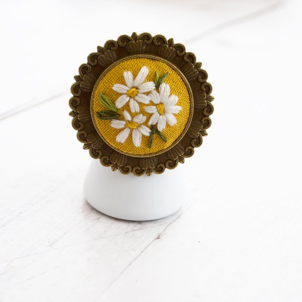 Yellow Daisy Ring with Embroidered Daisies, Chunky Ring, Cool Rings