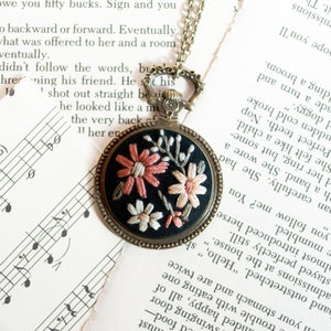 Pocket Watch Necklace, Peach Embroidered Floral Steampunk Necklace