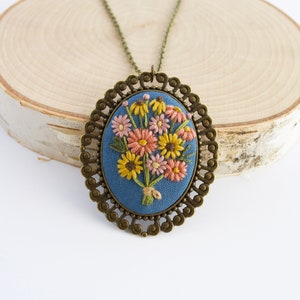 Blue Embroidered Daisy Bouquet Necklace, Light Sky Blue Flower Necklace