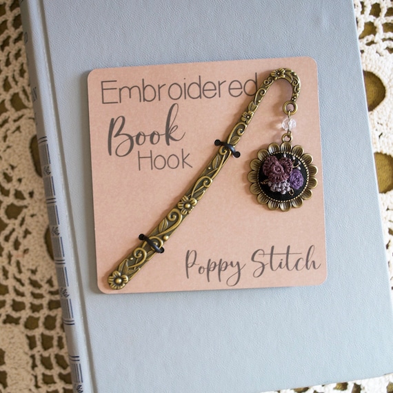Purple Floral Aesthetic Bookmark, Metal Bookmark Hook with Embroidered Book Charm