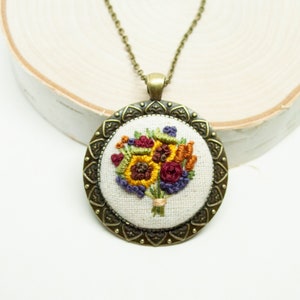 Sunflower Necklace, Embroidered Necklace with a Botanical Sunflower Bouquet, Autumn Necklace