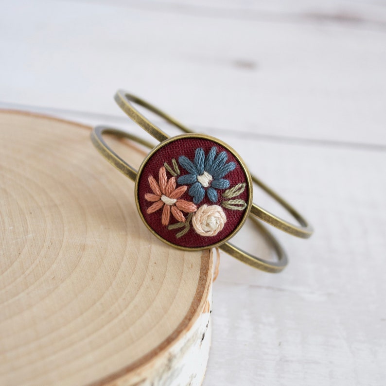 Vintage Inspired Bracelet Burgundy Embroidered Cuff Bracelet Boho Bangle