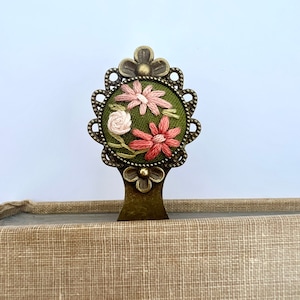 Olive Cottagecore Embroidered Bookmark with Flowers, Book Lovers Gifts