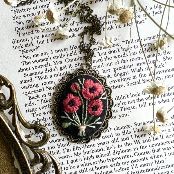 Embroidered Poppy Necklace,  August Birth Month Necklace