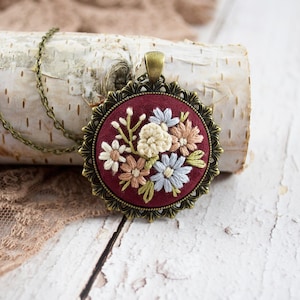 Burgundy Necklace with Embroidered Flowers, Autumn Necklace with Cottagecore Aesthetic