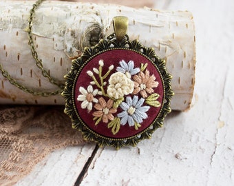 Burgundy Necklace with Embroidered Flowers, Autumn Necklace with Cottagecore Aesthetic