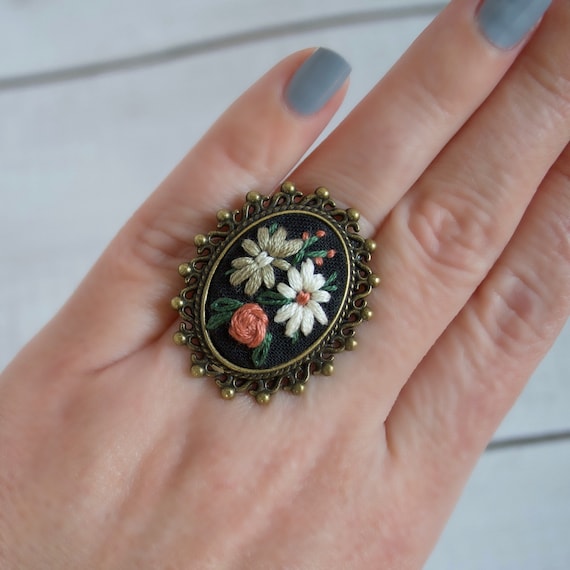 Embroidered Daisy Ring Boho Cameo Rings with Embroidered | Etsy