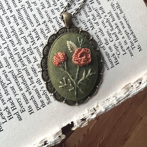 October Birth Flower Necklace, Orange Marigold Embroidered Necklace, Olive Green Cottage Core Fairy Core Necklace, Birthflower Gift