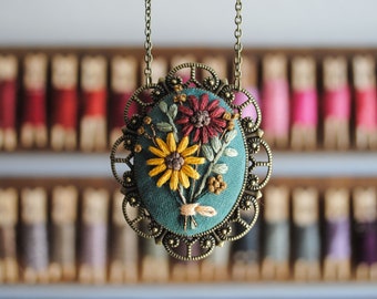 Yellow and Red Sunflower Necklace, Embroidered Fall Necklace, Autumn Bouquet Necklace, Sunflower Jewelry for Her, Unique Sunflower Gifts