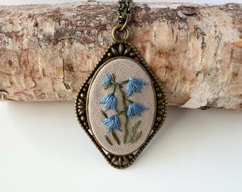 Hand Embroidered Bluebell Necklace, Unique Grandma Core Jewelry, Blue Floral Cottagecore Necklace for Summer