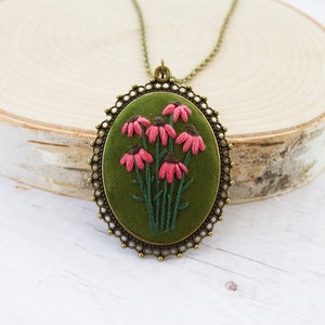 Olive Green Embroidered Purple Coneflower Necklace, Wildflower Cottage Core Necklace
